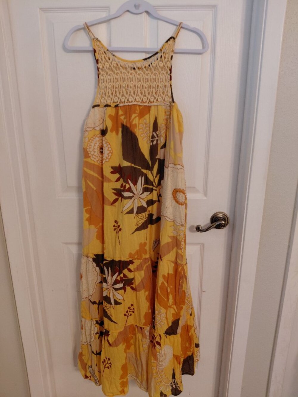 Chaudry Yellow Trapeze Maxi Dress Crochet Floral Boho Summer Small Cotton